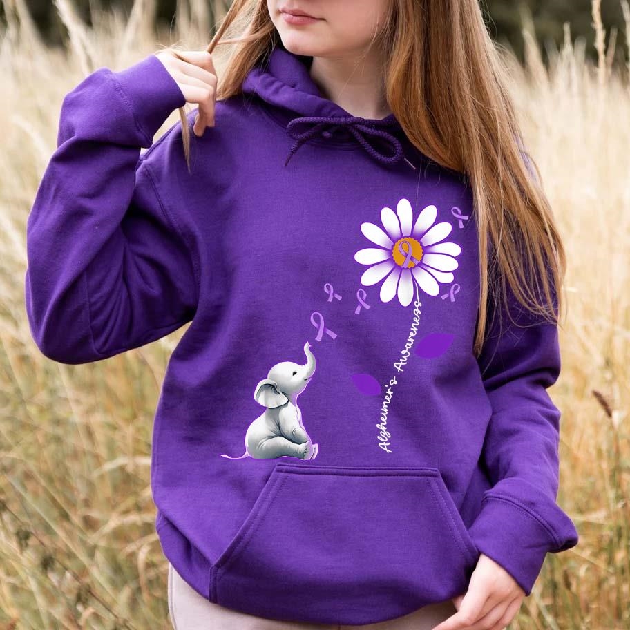 Alzheimer’s Awareness Elephant Dementia Purple Ribbon Flower T-shirt