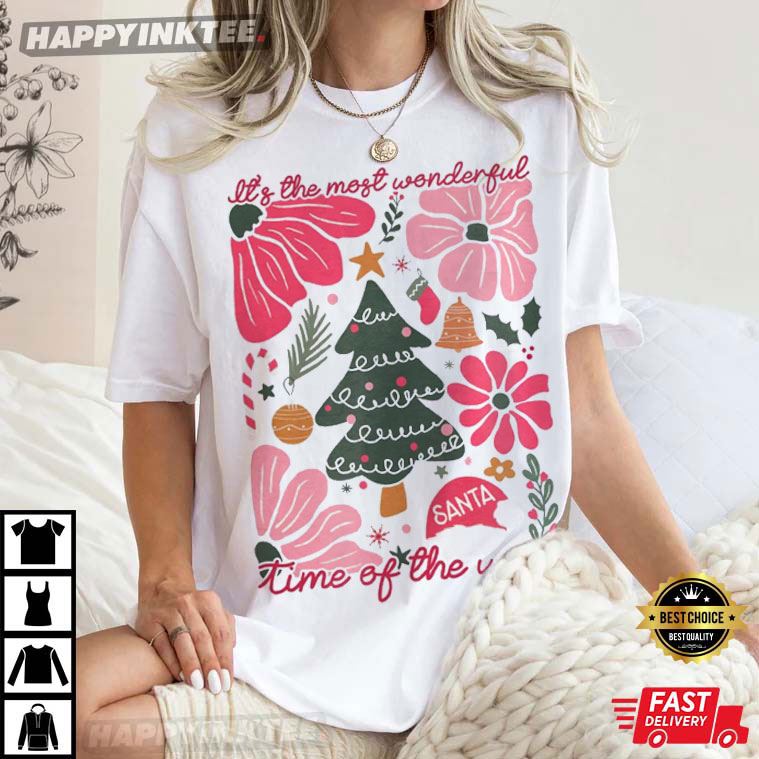Christmas Boho Floral Pink It’s The Most Wonderful Time T-shirt