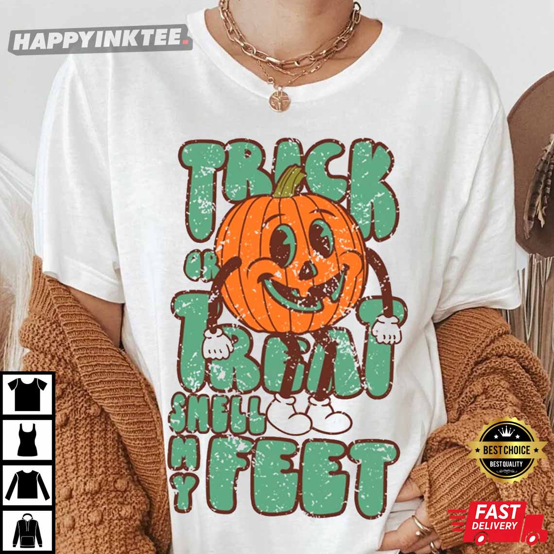 Trick Or Treat Smell My Feet Retro Pumpkin Distressed & Solid T-shirt